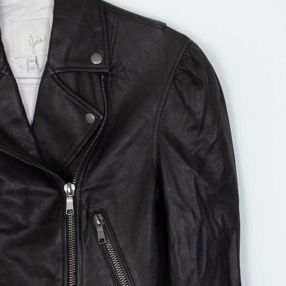 Joie Necia Lamb Leather Cropped Puff Sleeve Moto Biker Jacket Womens Size XXS - Picture 2 of 8